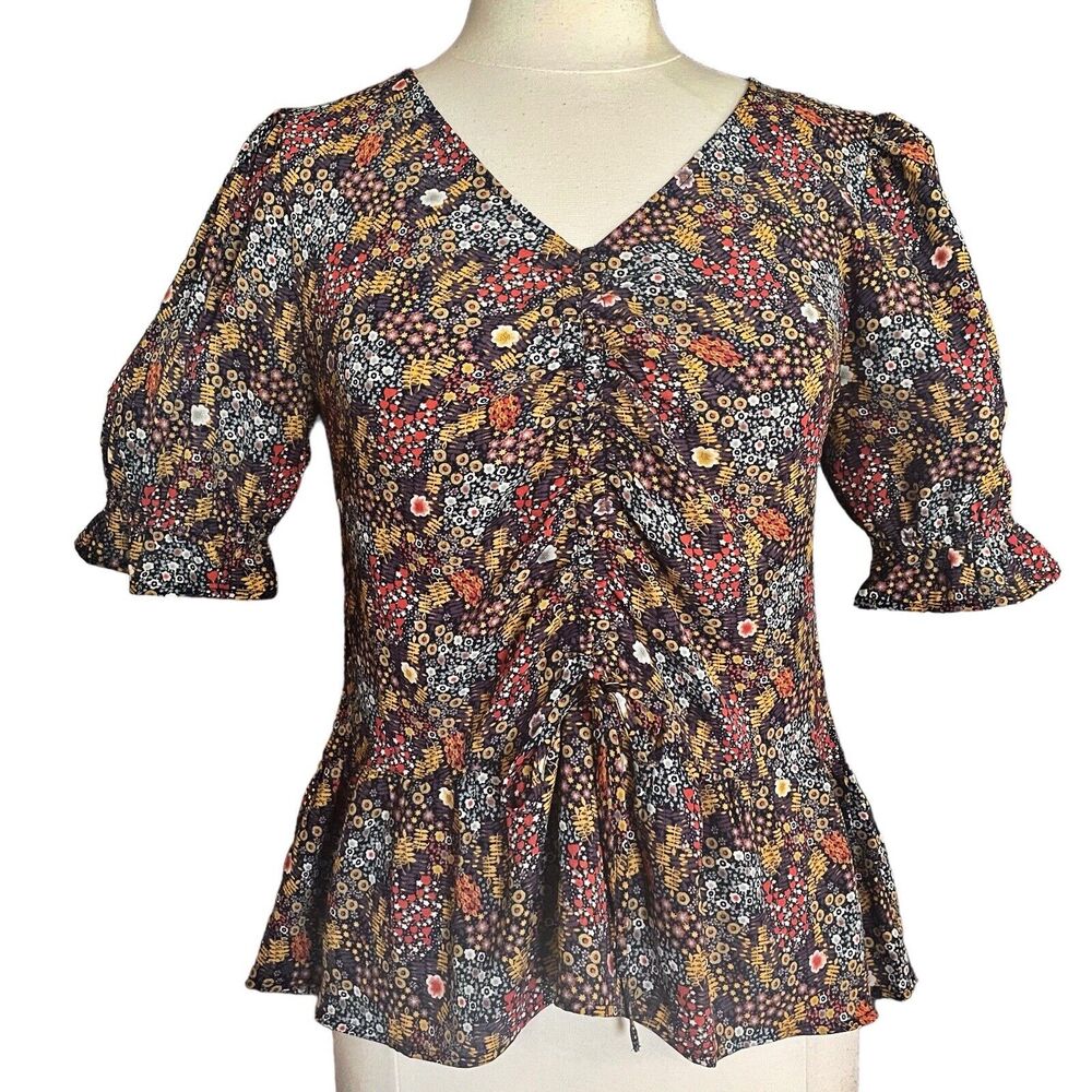 Anthropologie Pleione Bohemian Blouse Sz S Ruched Front Puffed‎ Sleeve Floral